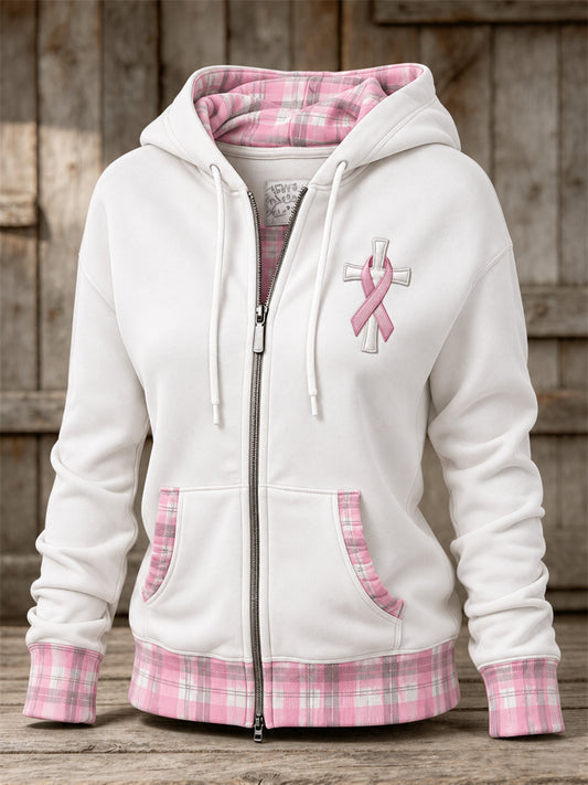 Women's Pink Ribbon Christian Cross Plaid Print Full Zip Hoodie