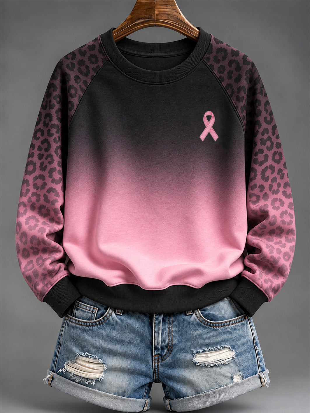 Women's Pink Charity Ribbon and Leopard Print Pattern Gradient Design Casual Raglan Sleeve Sweatshirt