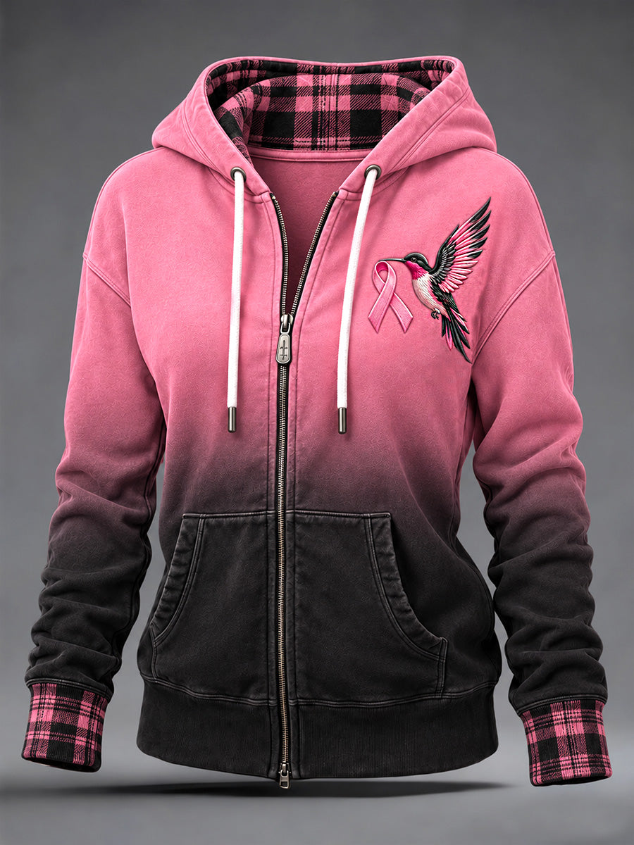 Women's Pink Charity Ribbon Pattern Gradient Design Casual Zip-Up Hoodie