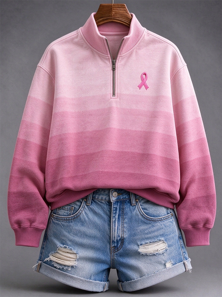 Women's Vintage Pink Ribbon Inspired Gradient Print Zip Up Sweatshirt