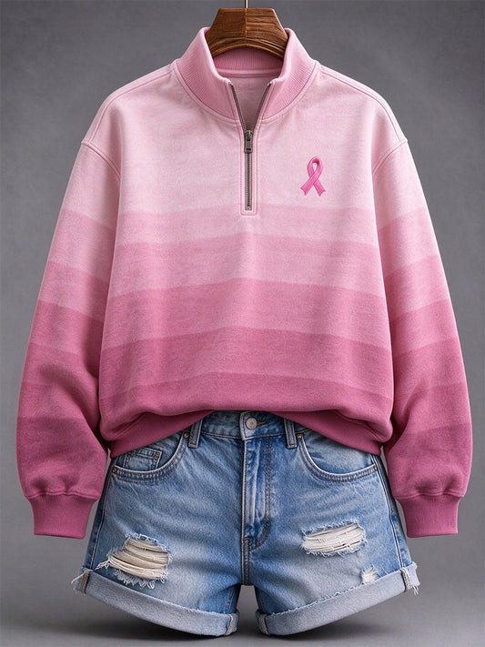 Women's Vintage Pink Ribbon Inspired Gradient Print Zip Up Sweatshirt