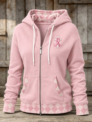 Women's Pink Ribbon Christian Cross Diamond Pattern Print Full Zip Hoodie