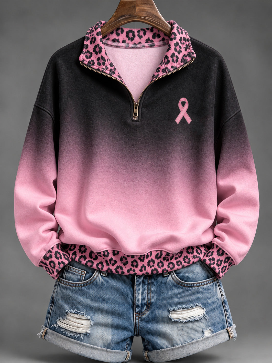 Women's Pink Charity Ribbon and Leopard Print Pattern Gradient Design Casual Half-Zip Sweatshirt