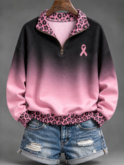 Women's Pink Charity Ribbon and Leopard Print Pattern Gradient Design Casual Half-Zip Sweatshirt