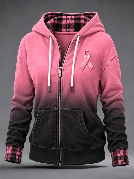 Women's Pink Charity Ribbon Pattern Gradient Design Casual Zip-Up Hoodie