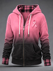 Women's Pink Charity Ribbon Pattern Gradient Design Casual Zip-Up Hoodie