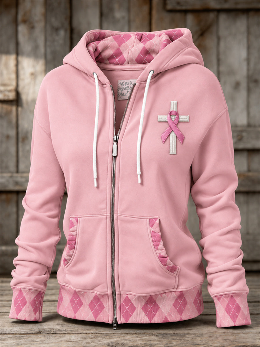 Women's Pink Ribbon Christian Cross Diamond Pattern Print Full Zip Hoodie