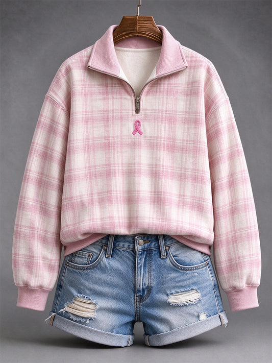 Women's Vintage Pink Ribbon Inspired Plaid Print Zip Up Sweatshirt