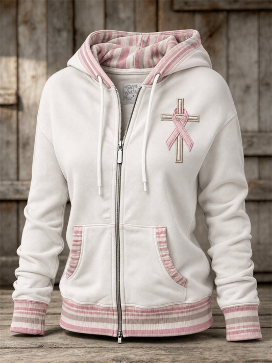 Women's Pink Ribbon Christian Cross Striped Print Full Zip Hoodie