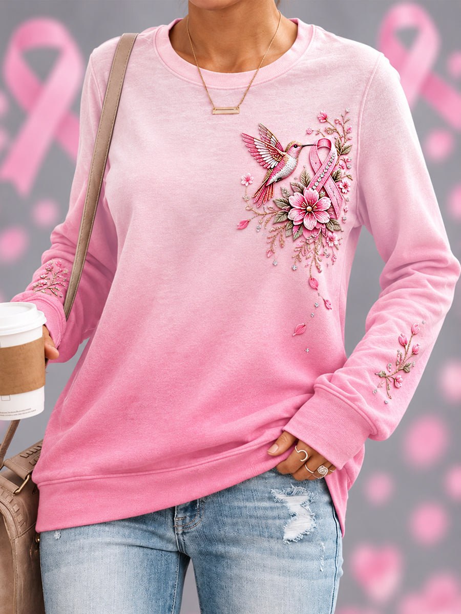 Women's Pink Floral & Hummingbird Print Breast Cancer Awareness Support Sweatshirt