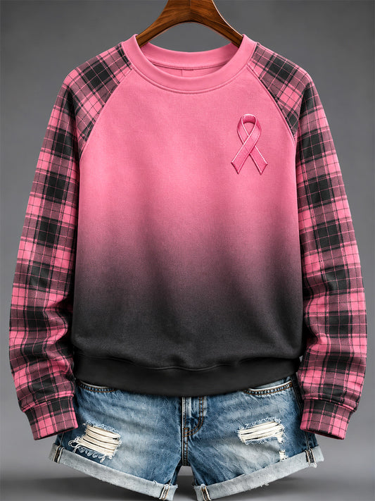 Women's Pink Charity Ribbon Pattern Gradient Design Casual Sweatshirt