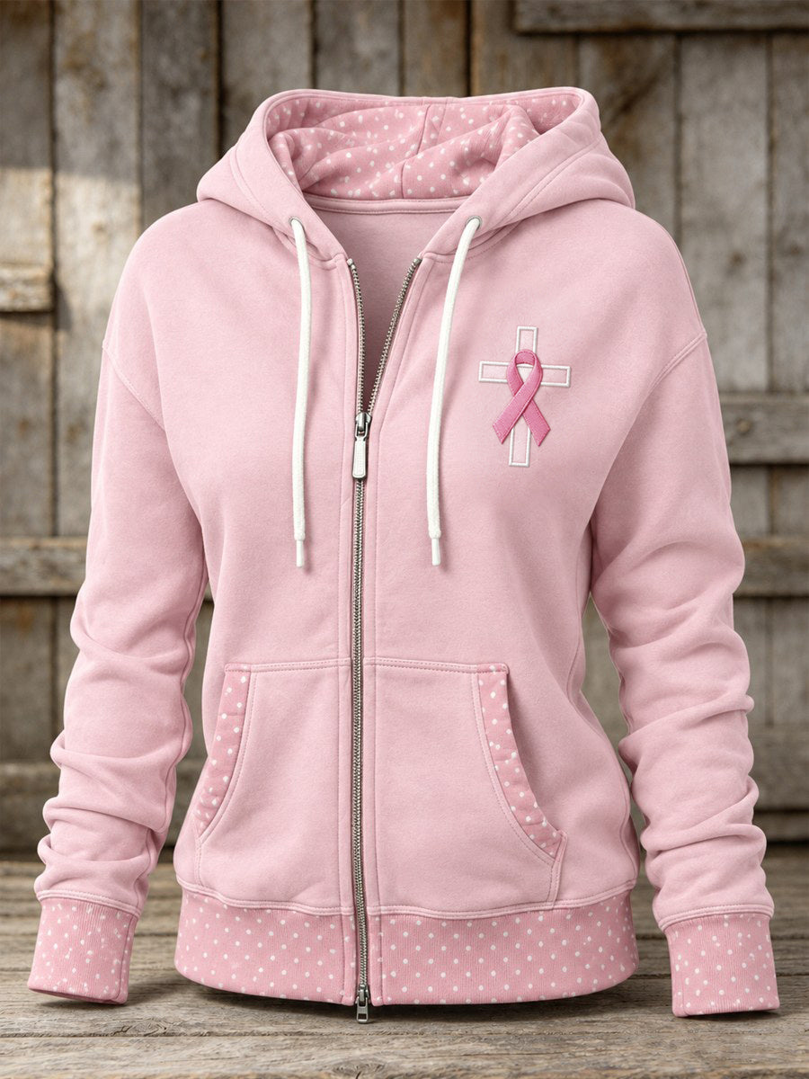 Women's Pink Ribbon Christian Cross Polka Dots Print Full Zip Hoodie