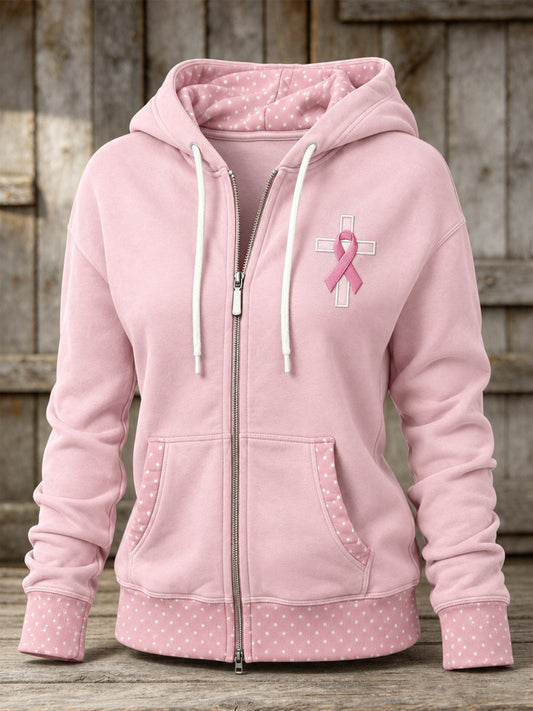 Women's Pink Ribbon Christian Cross Polka Dots Print Full Zip Hoodie