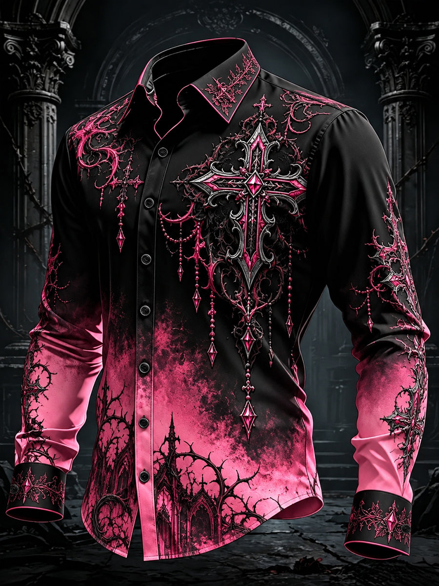 Men's Gothic Black Pink Gradient Art Long Sleeve Button Down Shirt
