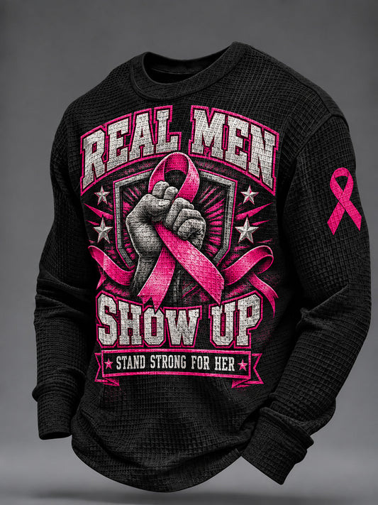 Men's Real Men Wear Pink Breast Cancer Awareness Waffle Sweatshirt