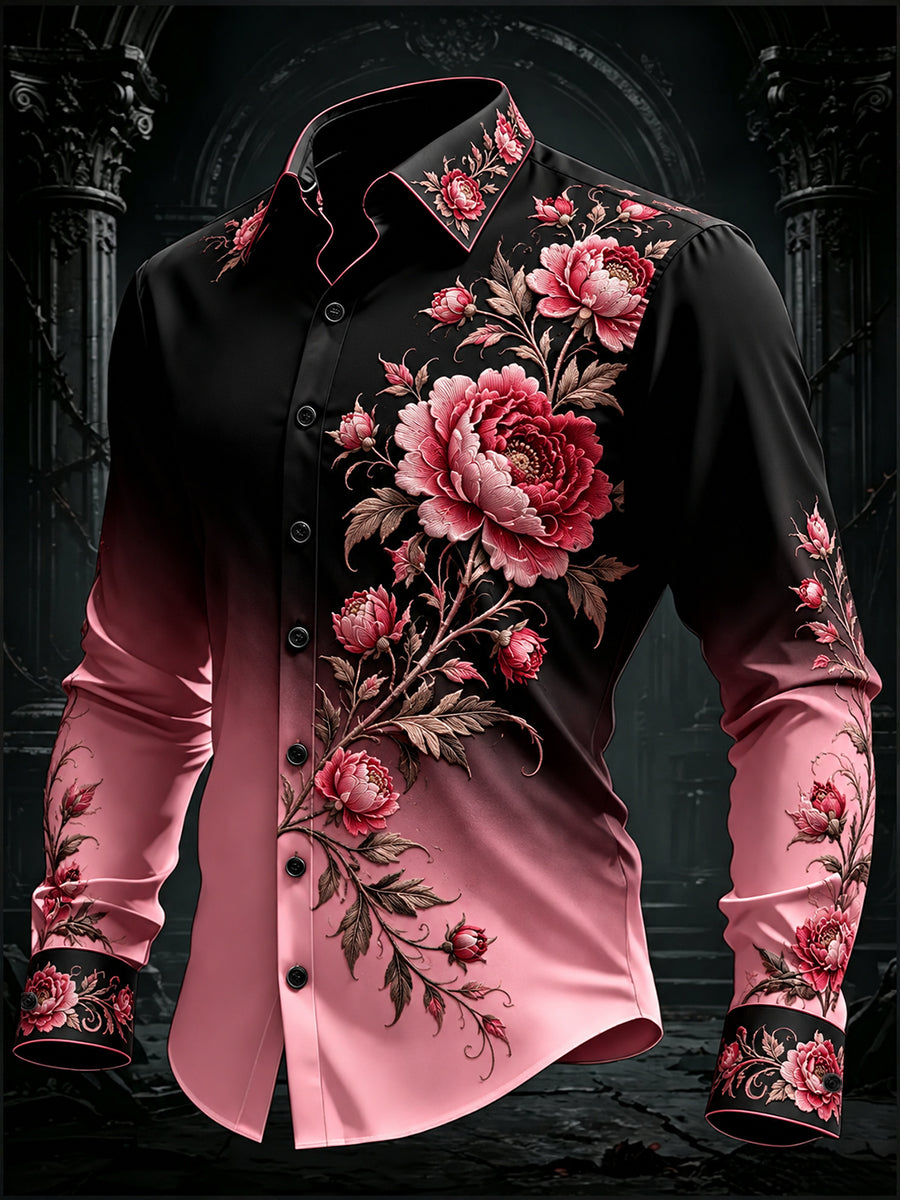 Men's Gothic Black Pink Gradient Art Long Sleeve Button Down Shirt