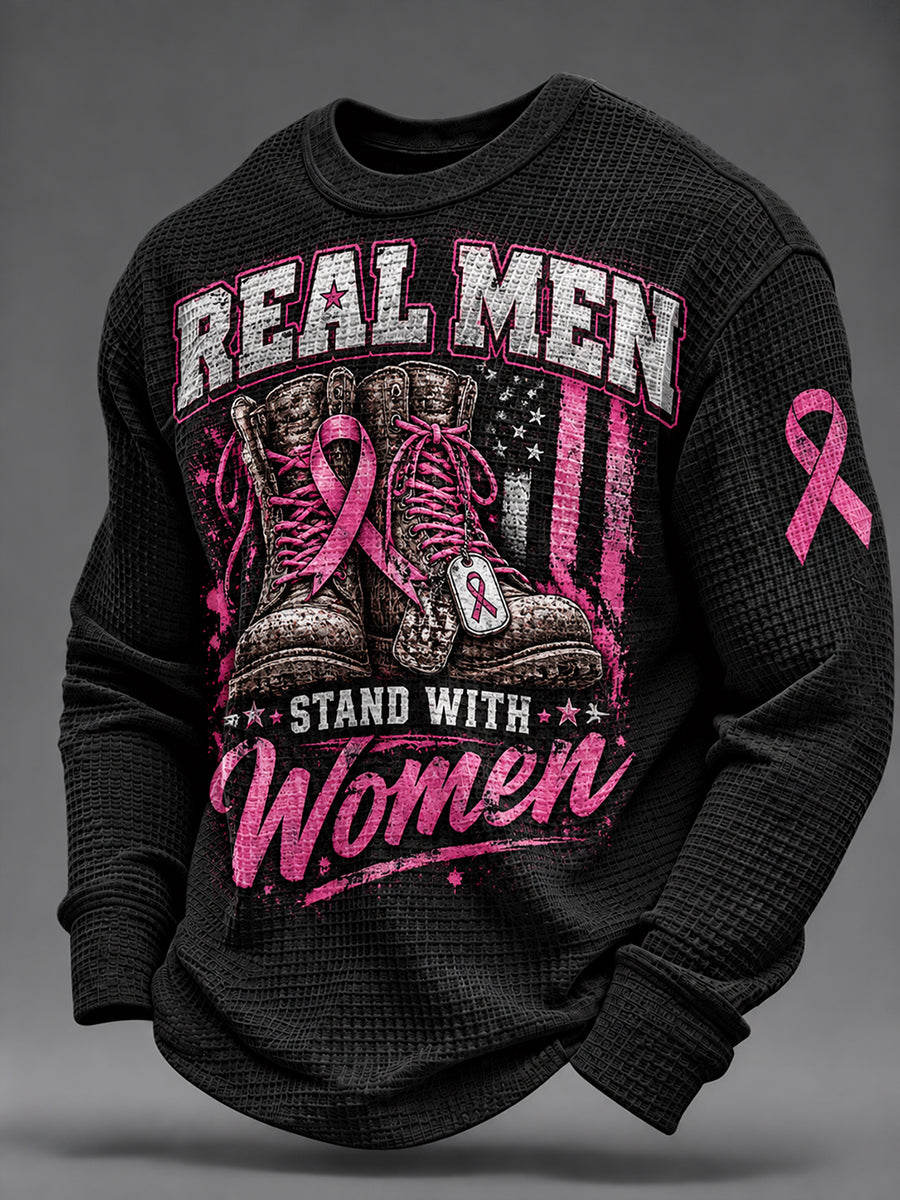 Men's Real Men Wear Pink Breast Cancer Awareness Waffle Sweatshirt