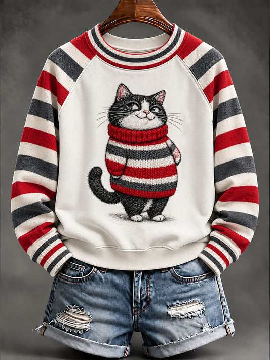 Women's Winter Sweater With Cat Print Sweatshirt