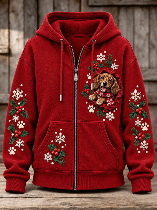 Women's Christmas Funny Dog Art Print Zip-Up Hoodie