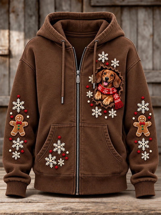 Women's Christmas Funny Dog Art Print Zip-Up Hoodie