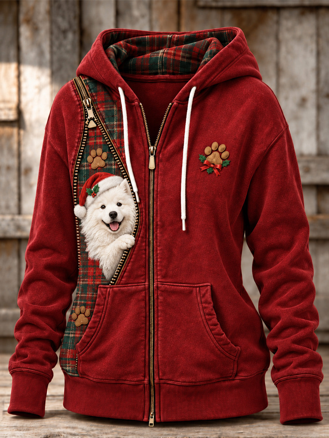 Women's Christmas Samoyed Pattern Checkered Design Casual Zip-Up Hoodie