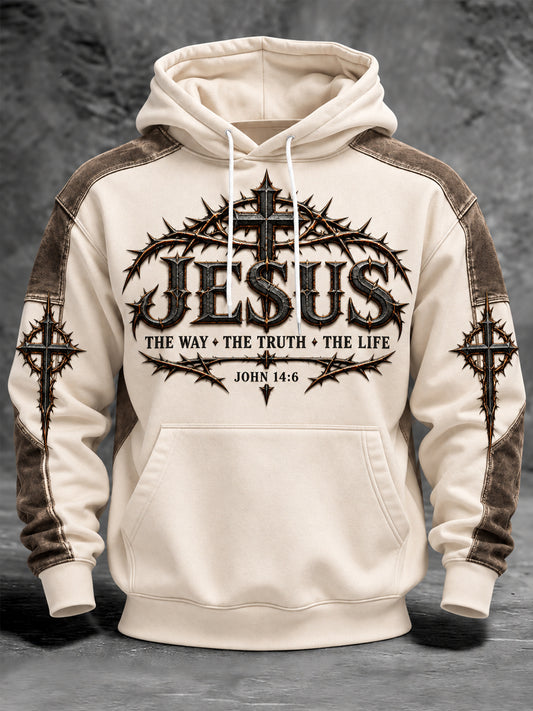 Men's Jesus The Way The Truth The Life Nail Cross Print Christian Casual Hoodie