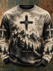 Men's Cross and Landscape Pattern Gradient Design Casual Round-Neck Sweatshirt