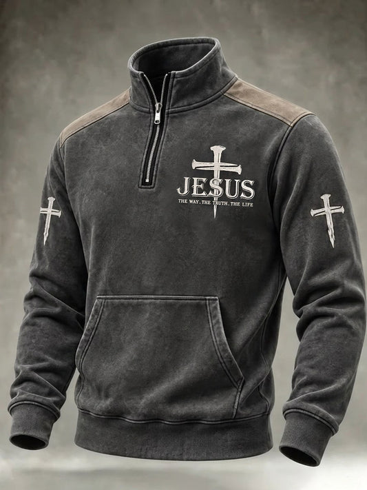 Men's Jesus The Way The Truth The Life Nail Cross Faith Print Casual Zipper Pullover