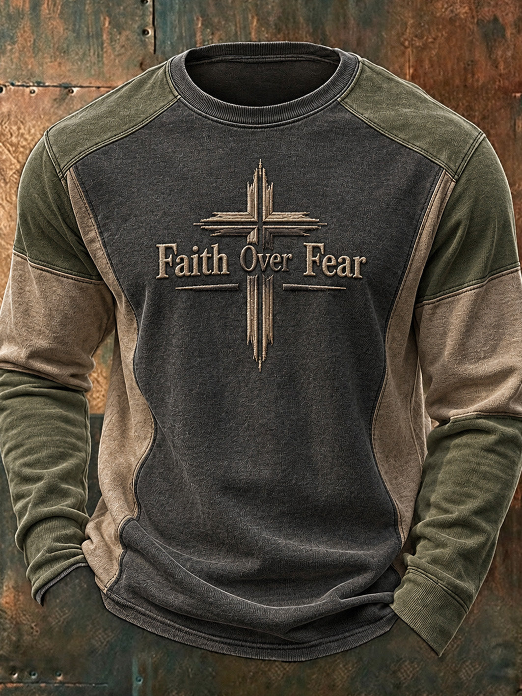 Men's Faith Over Fear Pattern Color-block Design Casual Round-neck Sweatshirt