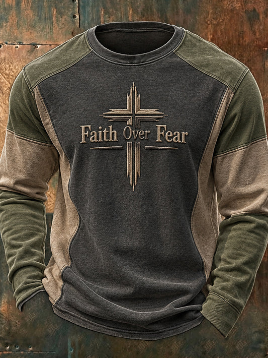 Men's Faith Over Fear Pattern Color-block Design Casual Round-neck Sweatshirt