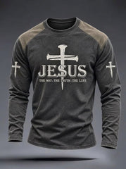 Men's Jesus The Way The Truth The Life Nail Cross Faith Print Casual Long Sleeve T-Shirt