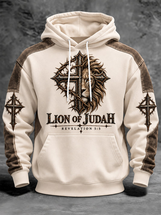 Men's Lion Of Judah Nail Cross Print Christian Casual Hoodie