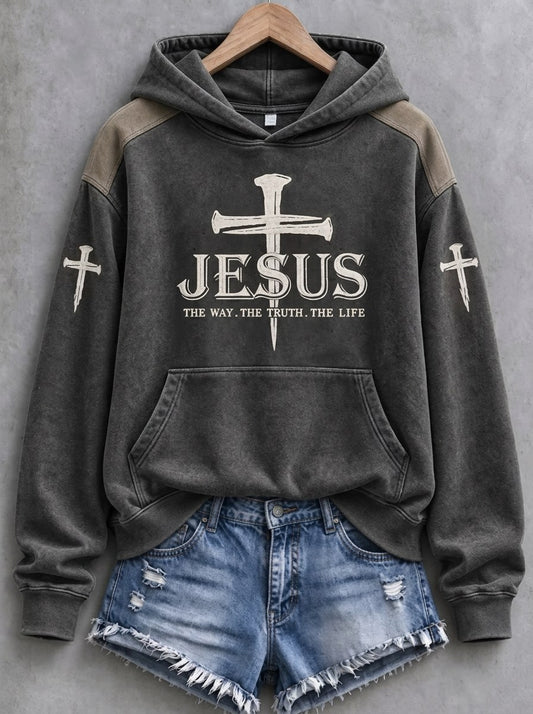 Women's Jesus The Way The Truth The Life Nail Cross Faith Print Casual Hoodie