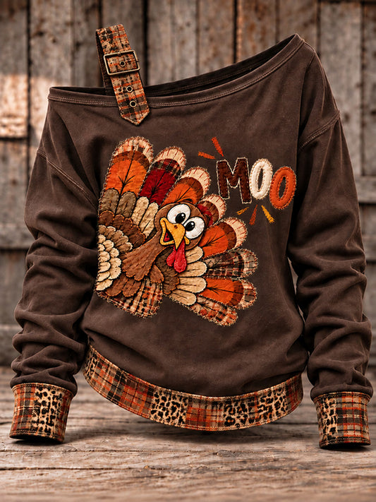 Women's Cute Thanksgiving Turkey Face Art  Casual Off-Shoulder Sweatshirt