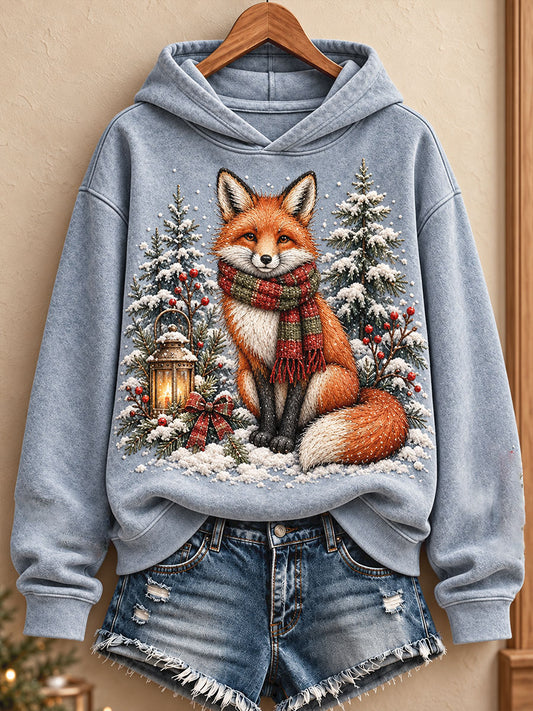 Women's Christmas Winter Fox Art Printed Hoodie