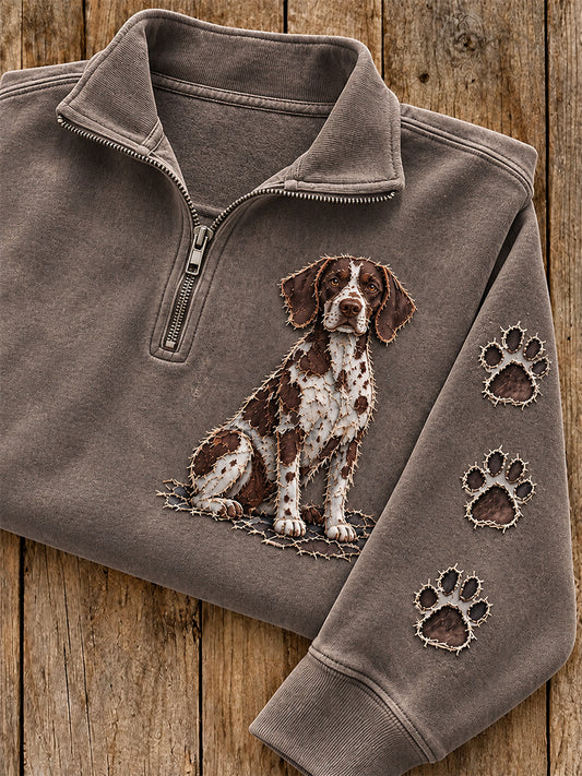 Women's Patchwork Brittany Dog & Paw Print Zip Up Sweatshirt