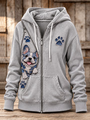 Women's Peeking French Bulldog & Paw Prints Zipper Patchwork Print Full Zip Hoodie