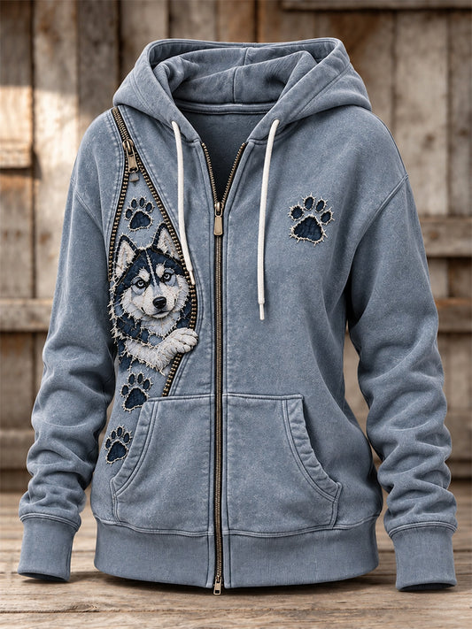 Women's Peeking Husky Dog & Paw Prints Zipper Patchwork Print Full Zip Hoodie