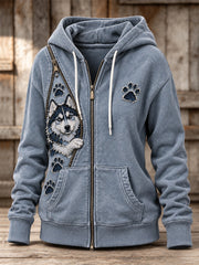 Women's Peeking Husky Dog & Paw Prints Zipper Patchwork Print Full Zip Hoodie