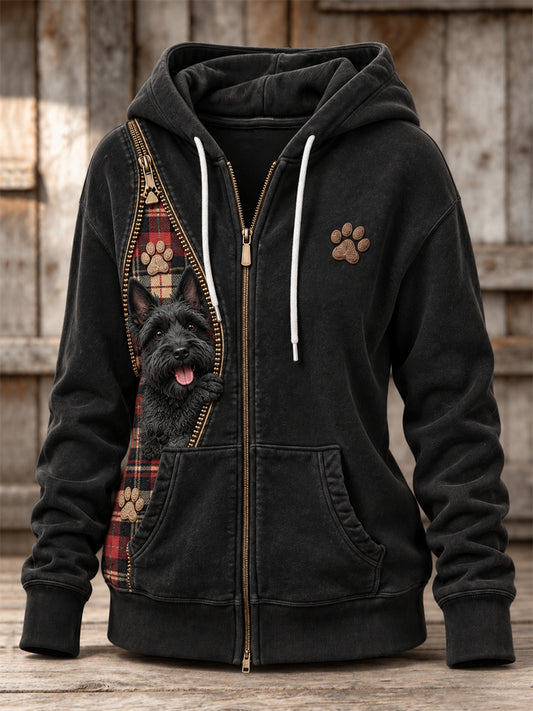 Women's Peeking Scottie Dog & Plaid Paw Prints Zipper Contrast Color Print Full Zip Hoodie