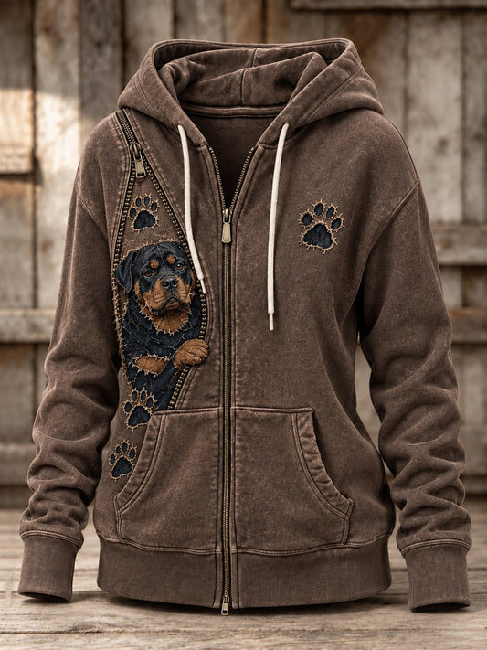 Women's Peeking Rottweiler Dog & Paw Prints Zipper Patchwork Print Full Zip Hoodie