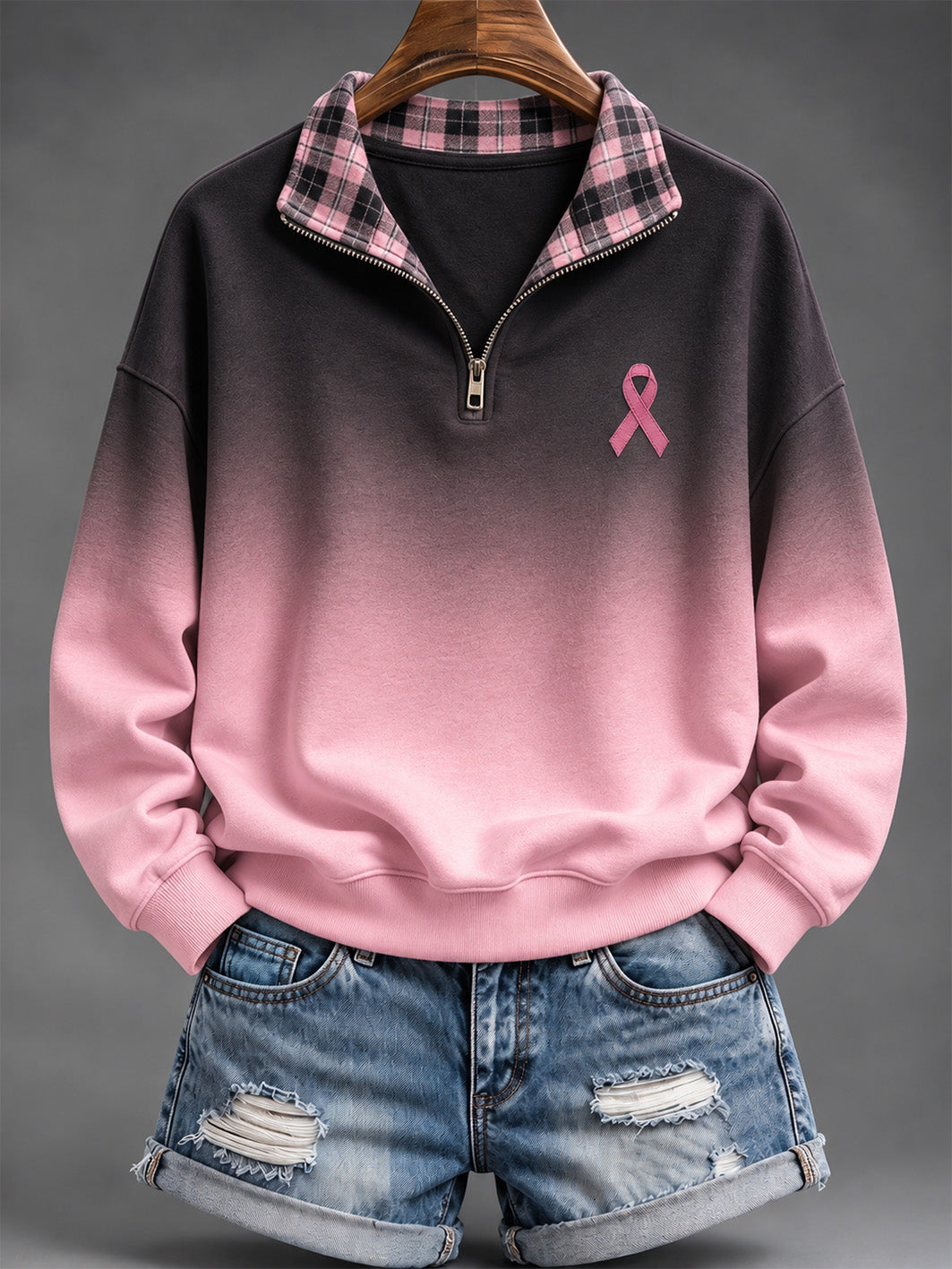 Women's Pink Charity Ribbon Pattern Checkered Patchwork Gradient Design Casual Half-Zip Sweatshirt