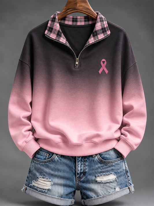 Women's Pink Charity Ribbon Pattern Checkered Patchwork Gradient Design Casual Half-Zip Sweatshirt
