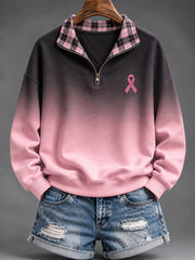 Women's Pink Charity Ribbon Pattern Checkered Patchwork Gradient Design Casual Half-Zip Sweatshirt