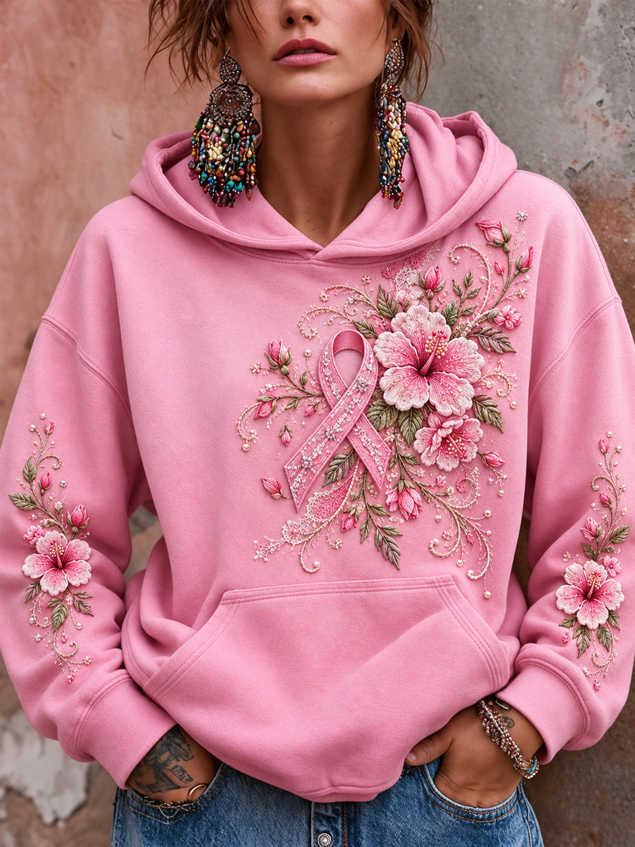 Women's Pink Ribbon Floral Print Breast Cancer Awareness Support Hoodie