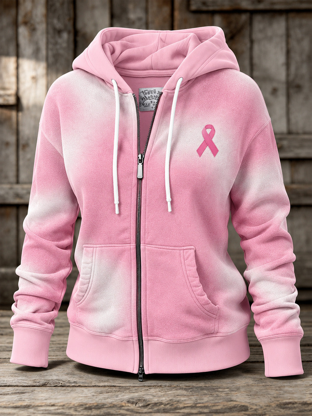Women's Pink Charity Ribbon Pattern Tie-Dye Design Casual Zip-Up Hoodie