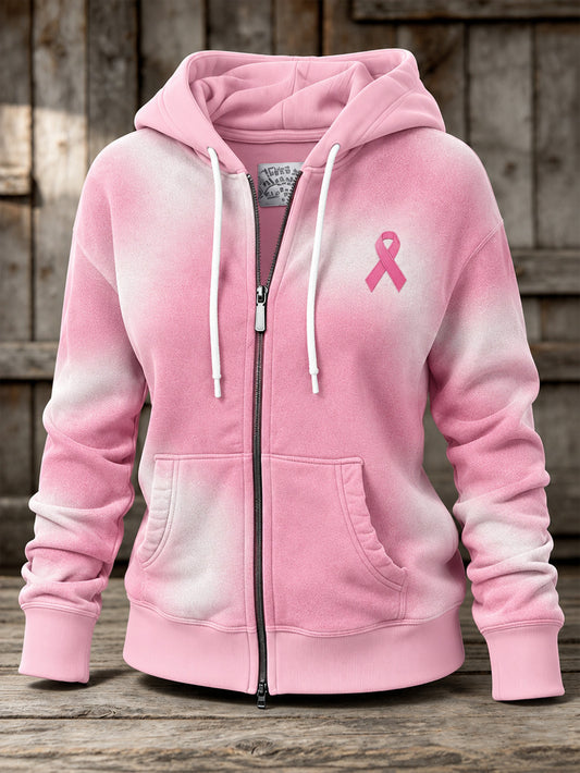 Women's Pink Charity Ribbon Pattern Tie-Dye Design Casual Zip-Up Hoodie