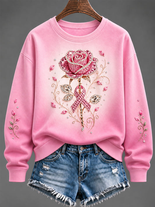 Women's Pink Ribbon Floral Print Breast Cancer Awareness Support Sweatshirt