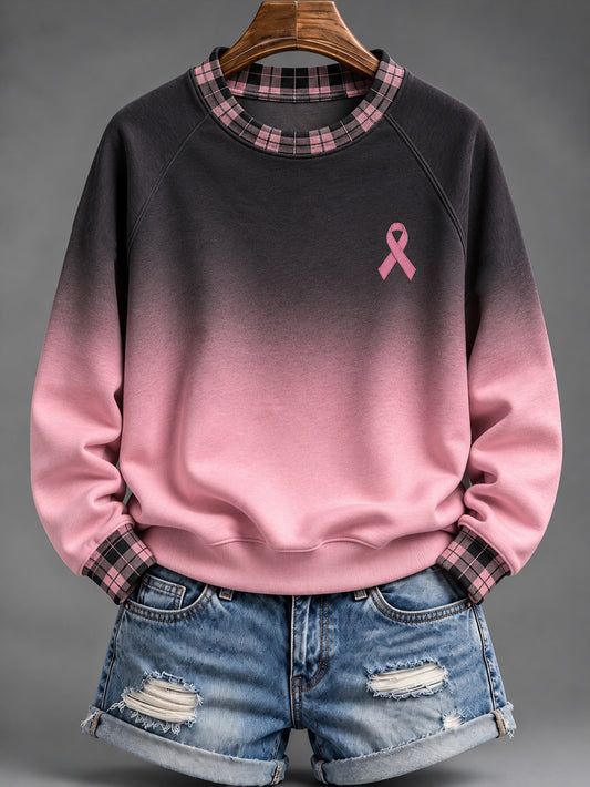 Women's Pink Charity Ribbon Pattern Checkered Patchwork Gradient Design Casual Sweatshirt