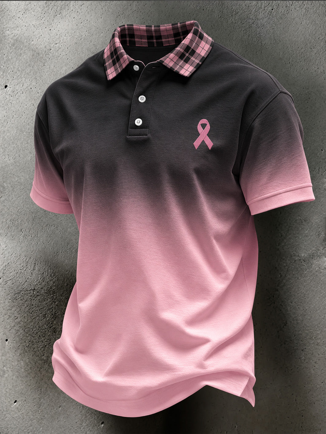 Men's Pink Charity Ribbon Pattern Checkered Patchwork Gradient Design Casual Polo Shirt